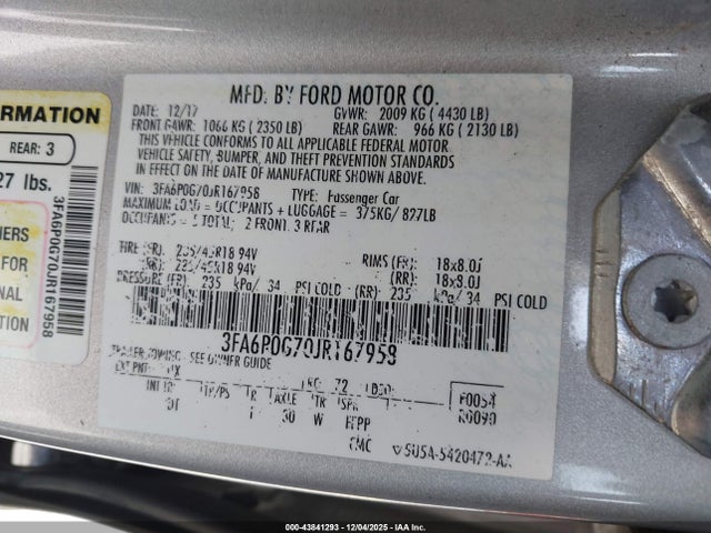 Ford FUSION S 2018 3FA6P0G70JR167958 Image 9