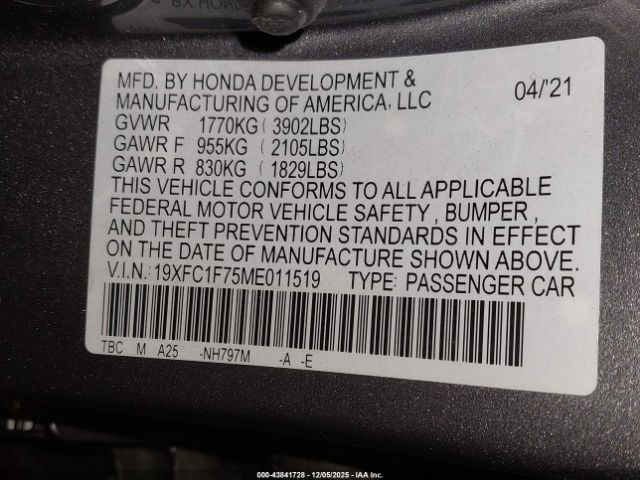 2021 HONDA CIVIC 19XFC1F75ME011519 Photo 8