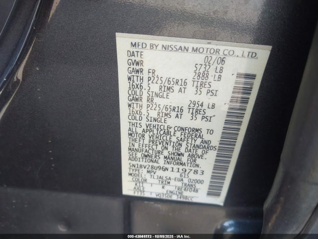 Aukcja sprzedaży 2006 Nissan Quest 3.5, vin: 5N1BV28U96N119783, numer aukcji: 43841772