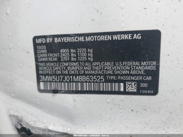 Aukcja sprzedaży 2021 Bmw 3 Series M340i, vin: 3MW5U7J01M8B63525, numer aukcji: 43841800