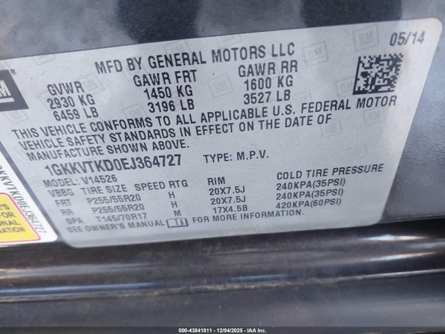 43841811 :رقم المزاد ، 1GKKVTKD0EJ364727 vin ، 2014 Gmc Acadia Denali مزاد بيع