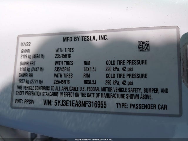 2022 TESLA MODEL 3 5YJ3E1EA8NF316955 Photo 8
