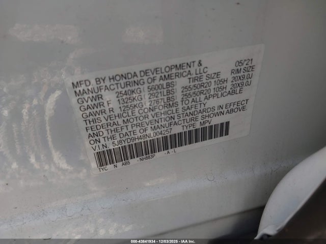 43841934 :رقم المزاد ، 5J8YD9H48NL004257 vin ، 2022 Acura Mdx Technology Package مزاد بيع