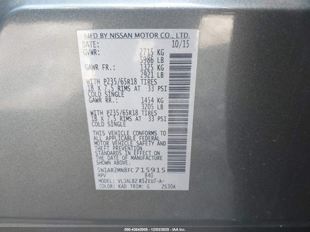 Nissan Pathfinder S 2015 5N1AR2MN8FC715915 Image 9