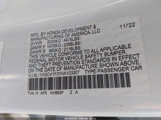 2022 HONDA ACCORD 1HGCV1F31NA103307 Photo 8