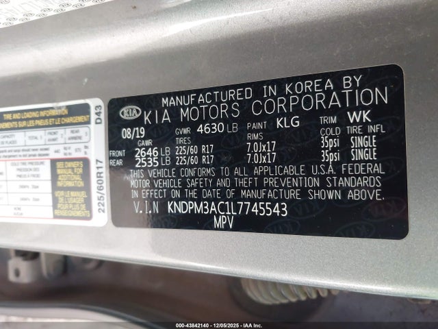 Продажа на аукционе авто 2020 Kia Sportage Lx, vin: KNDPM3AC1L7745543, номер лота: 43842140