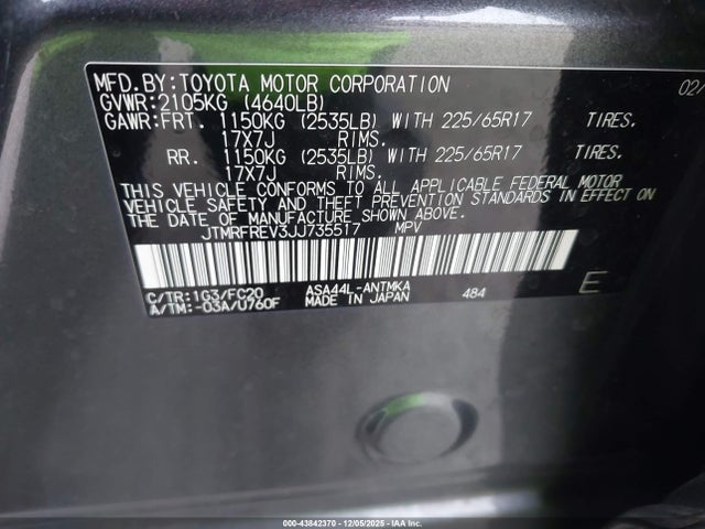 Продаж на аукціоні авто 2018 Toyota Rav4 Xle, vin: JTMRFREV3JJ735517, номер лоту: 43842370