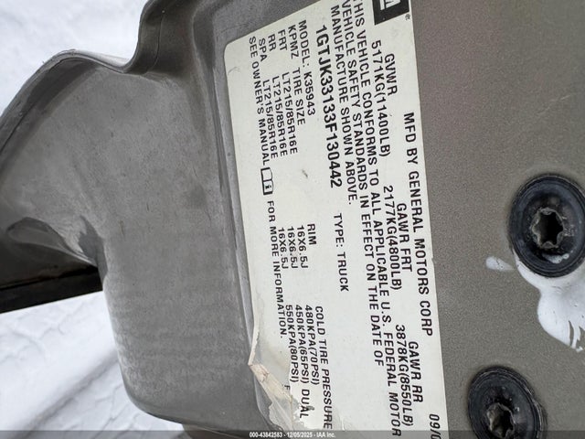 43842583 :رقم المزاد ، 1GTJK33133F130442 vin ، 2003 Gmc Sierra 3500 Slt مزاد بيع