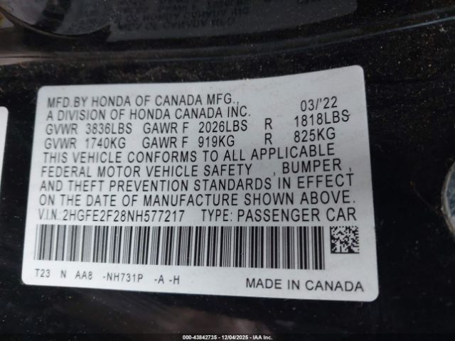2022 HONDA CIVIC 2HGFE2F28NH577217 Photo 8