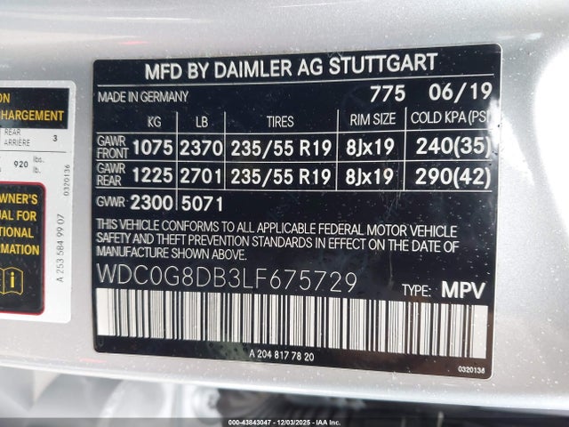 Aukcja sprzedaży 2020 Mercedes-benz Glc 300, vin: WDC0G8DB3LF675729, numer aukcji: 43843047