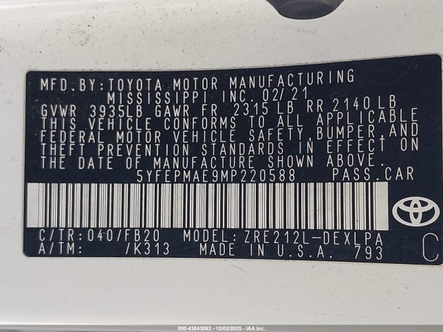 2021 TOYOTA COROLLA 5YFEPMAE9MP220588 Photo 8