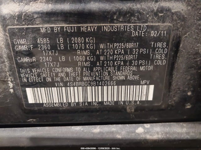 2011 Subaru Outback 2.5i Premium მანქანა იყიდება აუქციონზე, vin: 4S4BRBGC9B1402666, აუქციონის ნომერი: 43843096