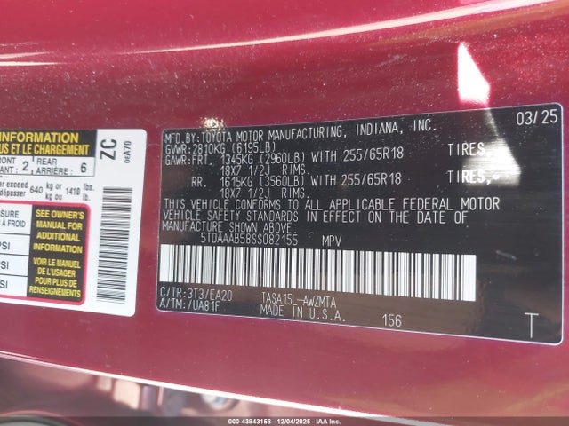 Продажа на аукционе авто 2025 Toyota Grand Highlander Xle, vin: 5TDAAAB58SS082155, номер лота: 43843158