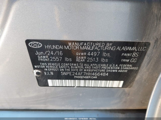 Продаж на аукціоні авто 2017 Hyundai Sonata, vin: 5NPE24AF7HH466484, номер лоту: 43843213