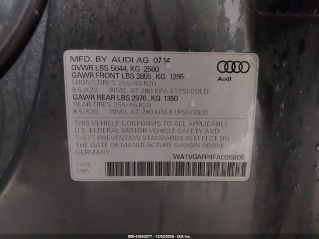 Продаж на аукціоні авто 2015 Audi Sq5 3.0t Premium Plus, vin: WA1VGAFP4FA026805, номер лоту: 43843277