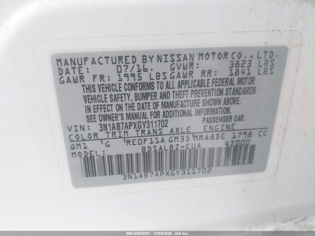 3N1AB7APXGY311702 Nissan Sentra Fe+ S/s/sl/sr/sv