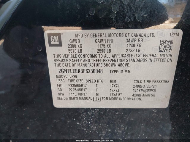 Chevrolet lea - flex fuel (gas/alc), aluminum, ho, 2015 2GNFLEEK3F6230048 Image 9
