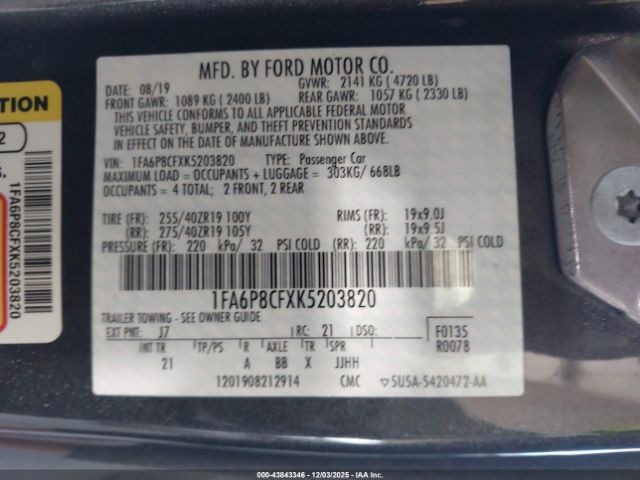 2019 FORD MUSTANG 1FA6P8CFXK5203820 Photo 8