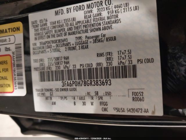 2016 FORD FUSION 3FA6P0H78GR383693 Photo 8