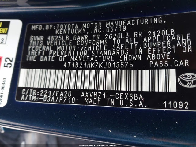 4T1B21HK7KU013575 Toyota Camry Hybrid Se