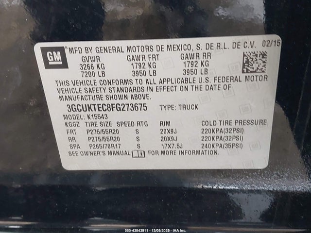 Продажа на аукционе авто 2015 Chevrolet Silverado 1500 High Country, vin: 3GCUKTEC8FG273675, номер лота: 43843511