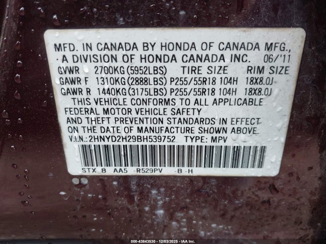 2011 Acura Mdx მანქანა იყიდება აუქციონზე, vin: 2HNYD2H29BH539752, აუქციონის ნომერი: 43843530