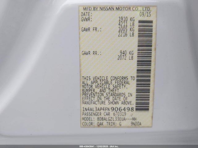 2015 Nissan Altima 2.5 S მანქანა იყიდება აუქციონზე, vin: 1N4AL3AP4FN906498, აუქციონის ნომერი: 43843541