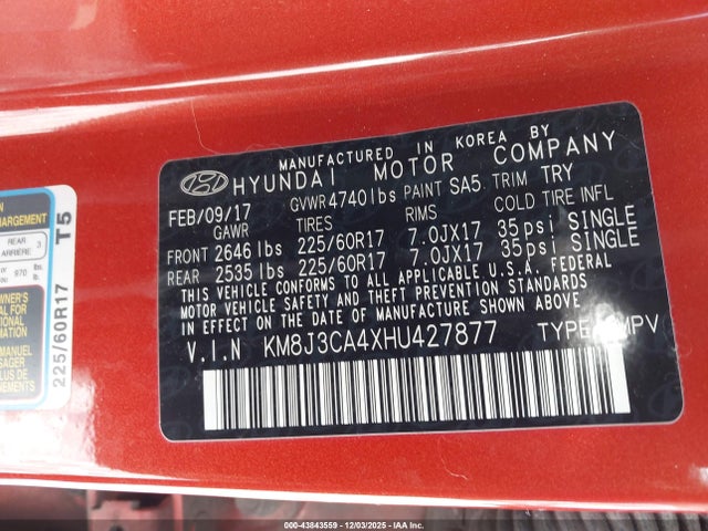 2017 HYUNDAI TUCSON KM8J3CA4XHU427877 Photo 8