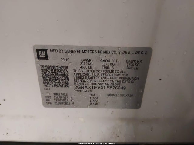 Auction sale of the 2020 Chevrolet Equinox Awd 2fl, vin: 3GNAXTEVXLS576849, lot number: 43843680