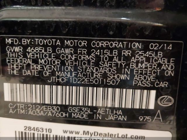 2014 LEXUS IS 250 JTHCF1D22E5011507 Photo 8