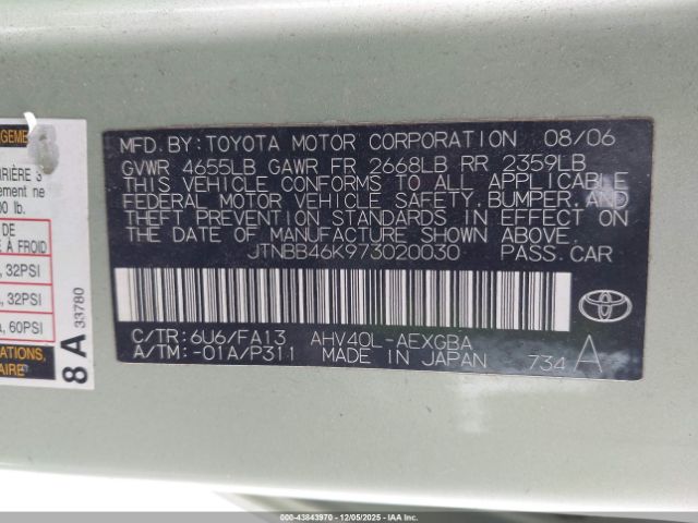 2007 TOYOTA CAMRY HYBRID JTNBB46K973020030 Photo 8