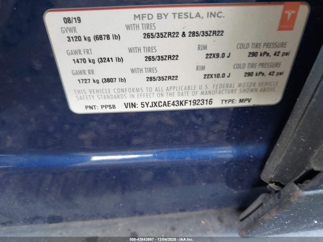2019 TESLA MODEL X 5YJXCAE43KF192316 Photo 8