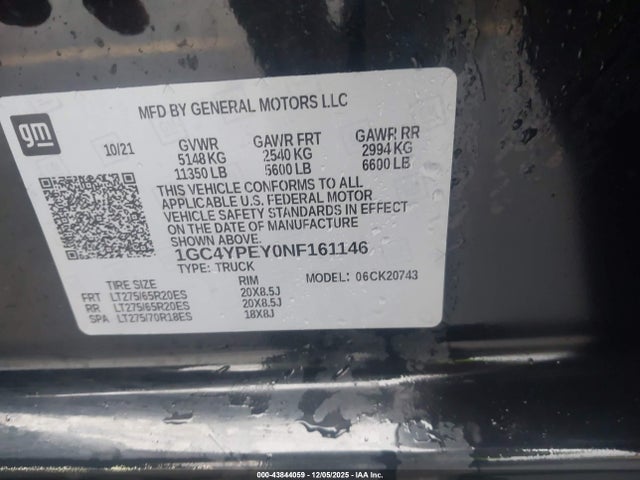 Продажа на аукционе авто 2022 Chevrolet Silverado 2500hd, vin: 1GC4YPEY0NF161146, номер лота: 43844059