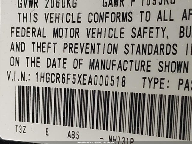 1HGCR6F5XEA000518 Honda Accord Hybrid Ex-l