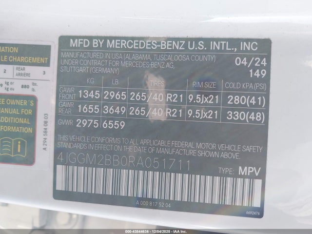 Aukcja sprzedaży 2024 Mercedes-benz Eqe 350+ Suv, vin: 4JGGM2BB0RA051711, numer aukcji: 43844636