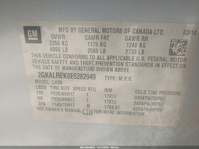 Aukcja sprzedaży 2014 Gmc Terrain Sle-2, vin: 2GKALREK8E6282949, numer aukcji: 43844638