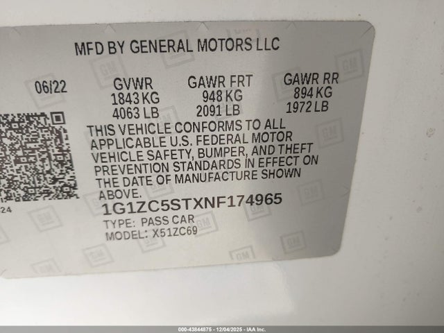 1G1ZC5STXNF174965 Chevrolet Malibu Fwd 1fl