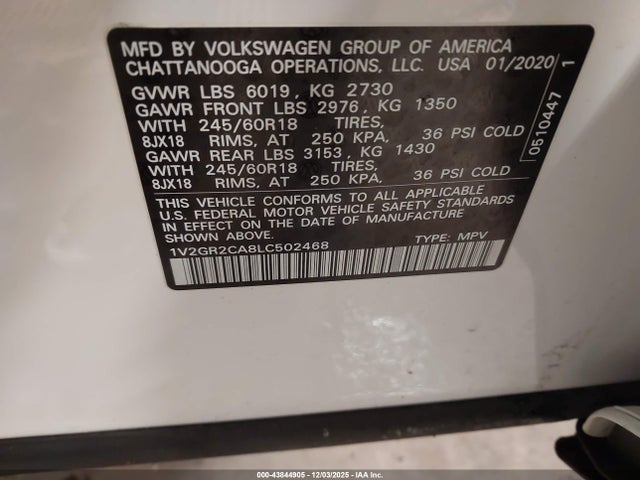 1V2GR2CA8LC502468 Volkswagen Atlas 3.6l V6 S