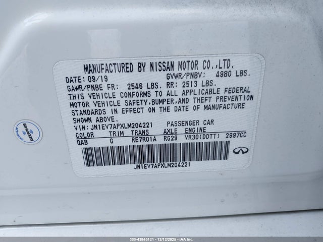 Продажа на аукционе авто 2020 Infiniti Q50 Luxe, vin: JN1EV7APXLM204221, номер лота: 43845121