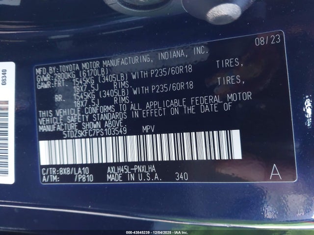 5TDZSKFC7PS103549 Toyota Sienna Limited