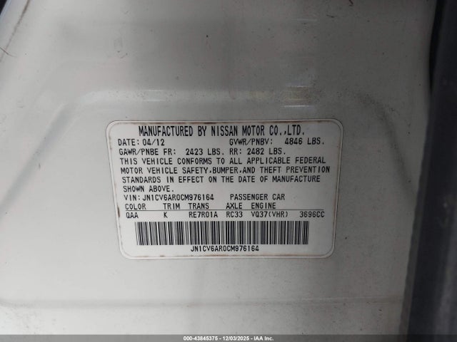 Aukcja sprzedaży 2012 Infiniti G37x, vin: JN1CV6AR0CM976164, numer aukcji: 43845375