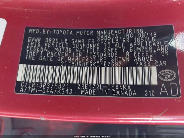 2019 TOYOTA COROLLA 2T1BURHE6KC167697 Photo 8