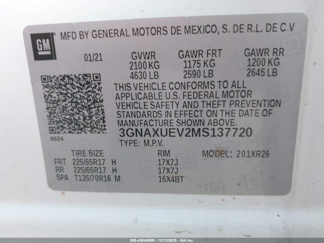 Продаж на аукціоні авто 2021 Chevrolet Equinox Awd Lt, vin: 3GNAXUEV2MS137720, номер лоту: 43845599