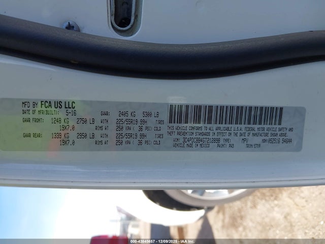 Продаж на аукціоні авто 2016 Dodge Journey Sxt, vin: 3C4PDCBB4GT212898, номер лоту: 43845657