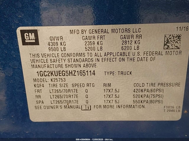 1GC2KUEG5HZ165114 Chevrolet Silverado 2500hd Wt