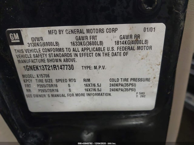 Продажа на аукционе авто 2001 Chevrolet Tahoe Lt, vin: 1GNEK13T21R147730, номер лота: 43845792