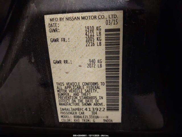Продажа на аукционе авто 2015 Nissan Altima 2.5 S, vin: 1N4AL3AP8FC413922, номер лота: 43845801