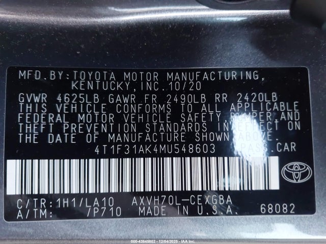 4T1F31AK4MU548603 Toyota Camry Xle Hybrid