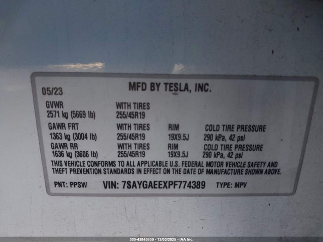 43845809 :رقم المزاد ، 7SAYGAEEXPF774389 vin ، 2023 Tesla Model Y Awd/long Range Dual Motor All-wheel Drive مزاد بيع