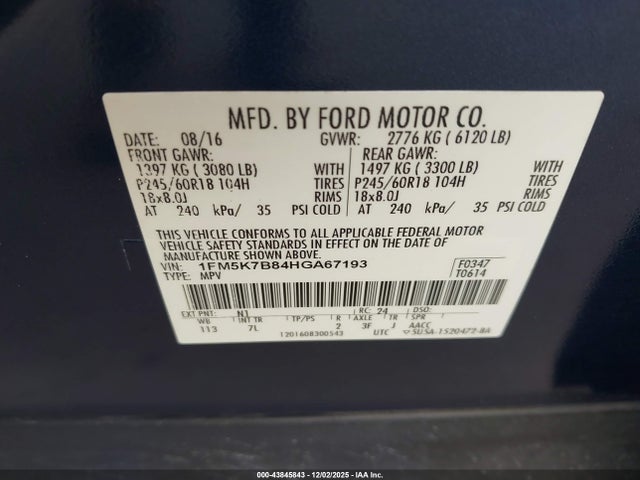 1FM5K7B84HGA67193 Ford 3.5l ti-vct